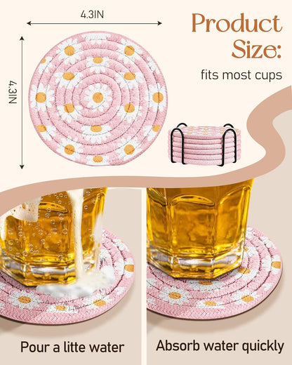 Absorbent Cup Coasters Set of 6 with Holder, Blue Flower