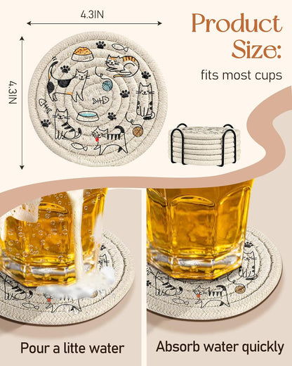 Absorbent Cup Coasters Set of 6 with Holder, Blue Flower