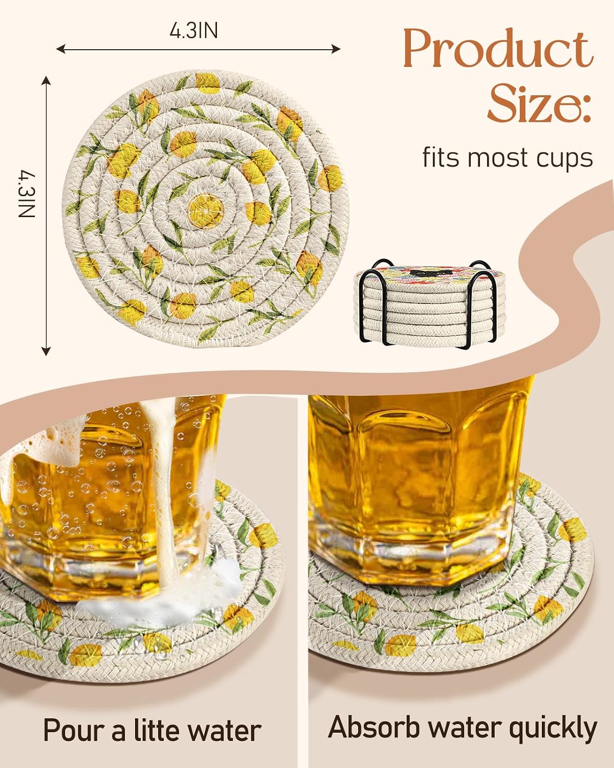 Absorbent Cup Coasters Set of 6 with Holder, Blue Flower