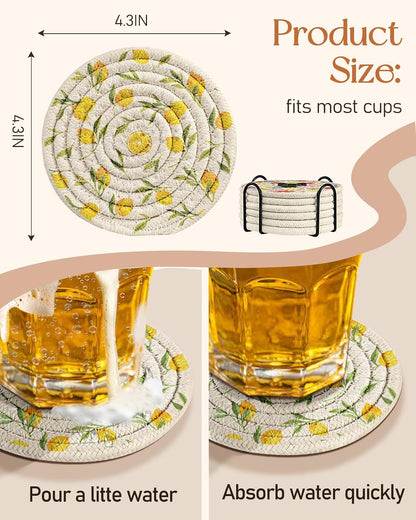 Absorbent Cup Coasters Set of 6 with Holder, Blue Flower