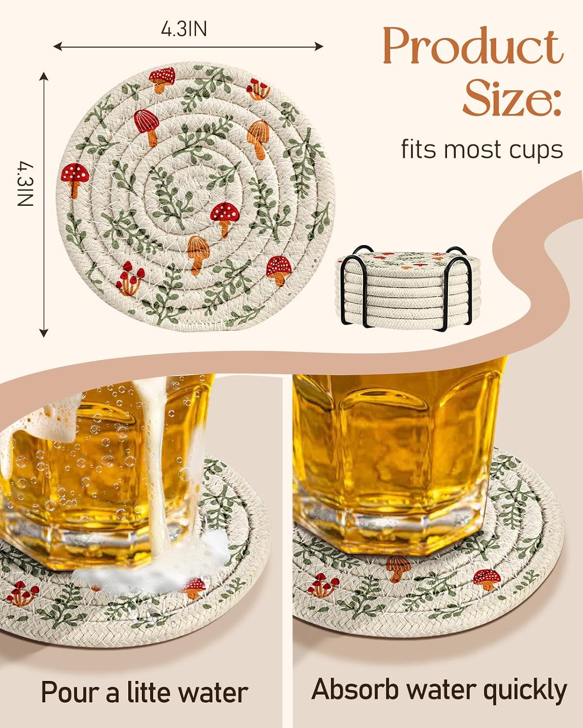 Absorbent Cup Coasters Set of 6 with Holder, Blue Flower