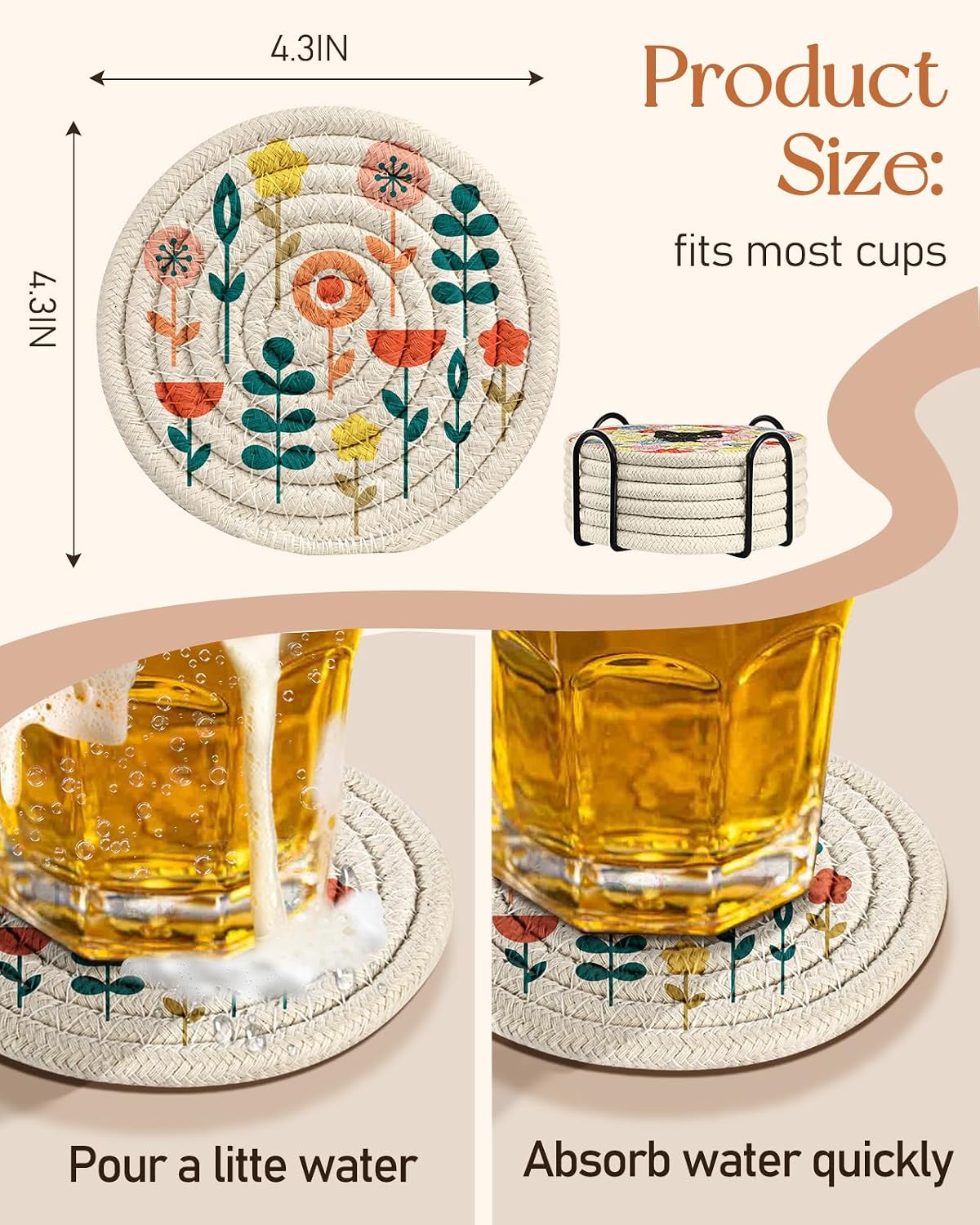 Absorbent Cup Coasters Set of 6 with Holder, Blue Flower