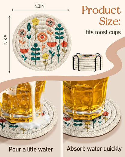 Absorbent Cup Coasters Set of 6 with Holder, Blue Flower