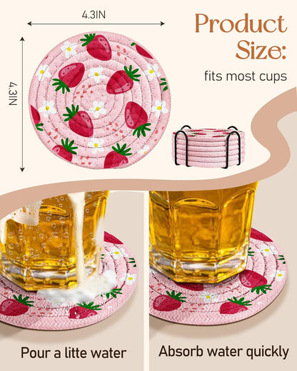 Absorbent Cup Coasters Set of 6 with Holder, Blue Flower