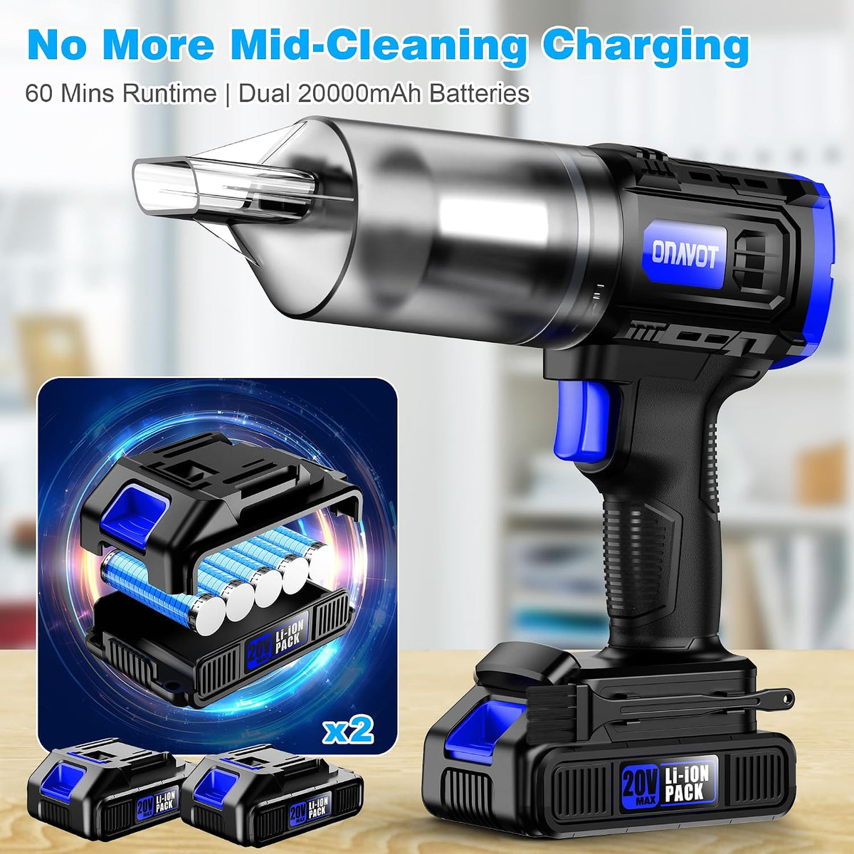 Cordless, 35000PA Strong Suction Handheld Vacuum with 2 Detachable Batteries, 60Min Runtime Portable Vacuum Cleaner for Car Detailing, Pet Hair, Home Couch & Office, 350ML XL Dust Cup