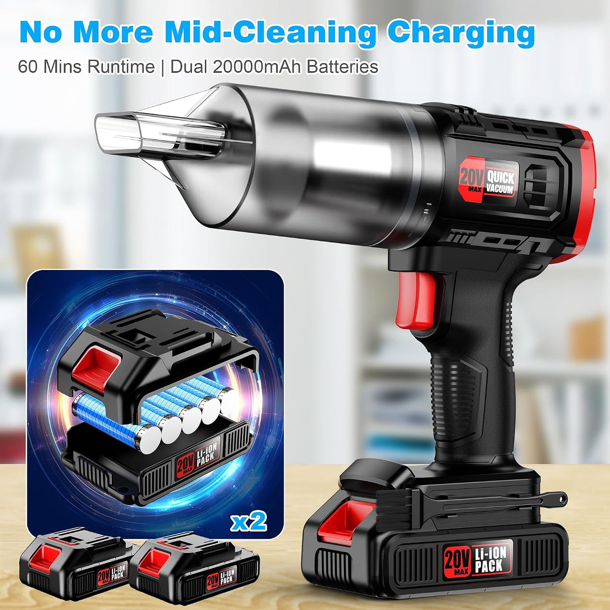 Cordless, 35000PA Strong Suction Handheld Vacuum with 2 Detachable Batteries, 60Min Runtime Portable Vacuum Cleaner for Car Detailing, Pet Hair, Home Couch & Office, 350ML XL Dust Cup