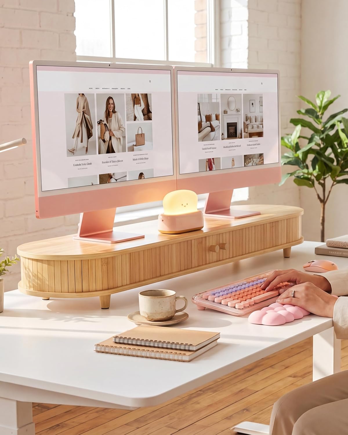 Bamboo Dual Monitor Stand with Storage, 42 Inch Desk Shelf Riser