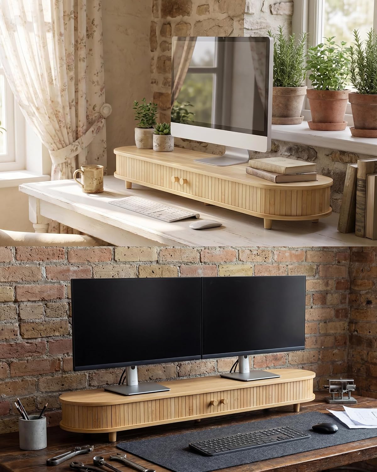 Bamboo Dual Monitor Stand with Storage, 42 Inch Desk Shelf Riser