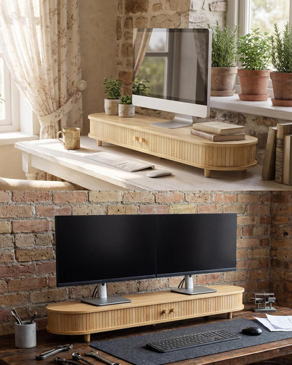 Bamboo Dual Monitor Stand with Storage, 42 Inch Desk Shelf Riser