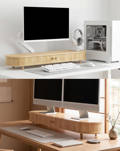 Bamboo Dual Monitor Stand with Storage, 42 Inch Desk Shelf Riser