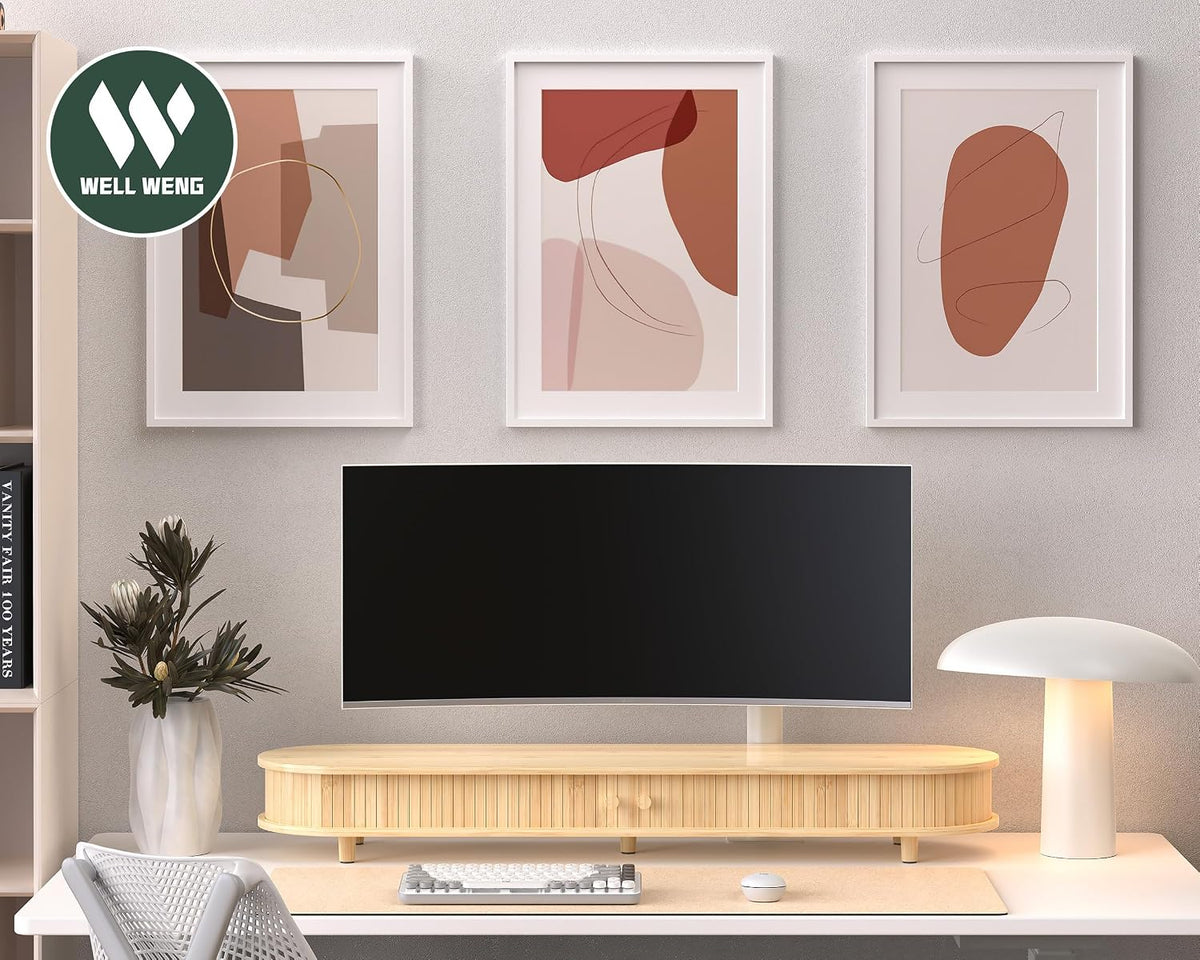 Bamboo Dual Monitor Stand with Storage, 42 Inch Desk Shelf Riser
