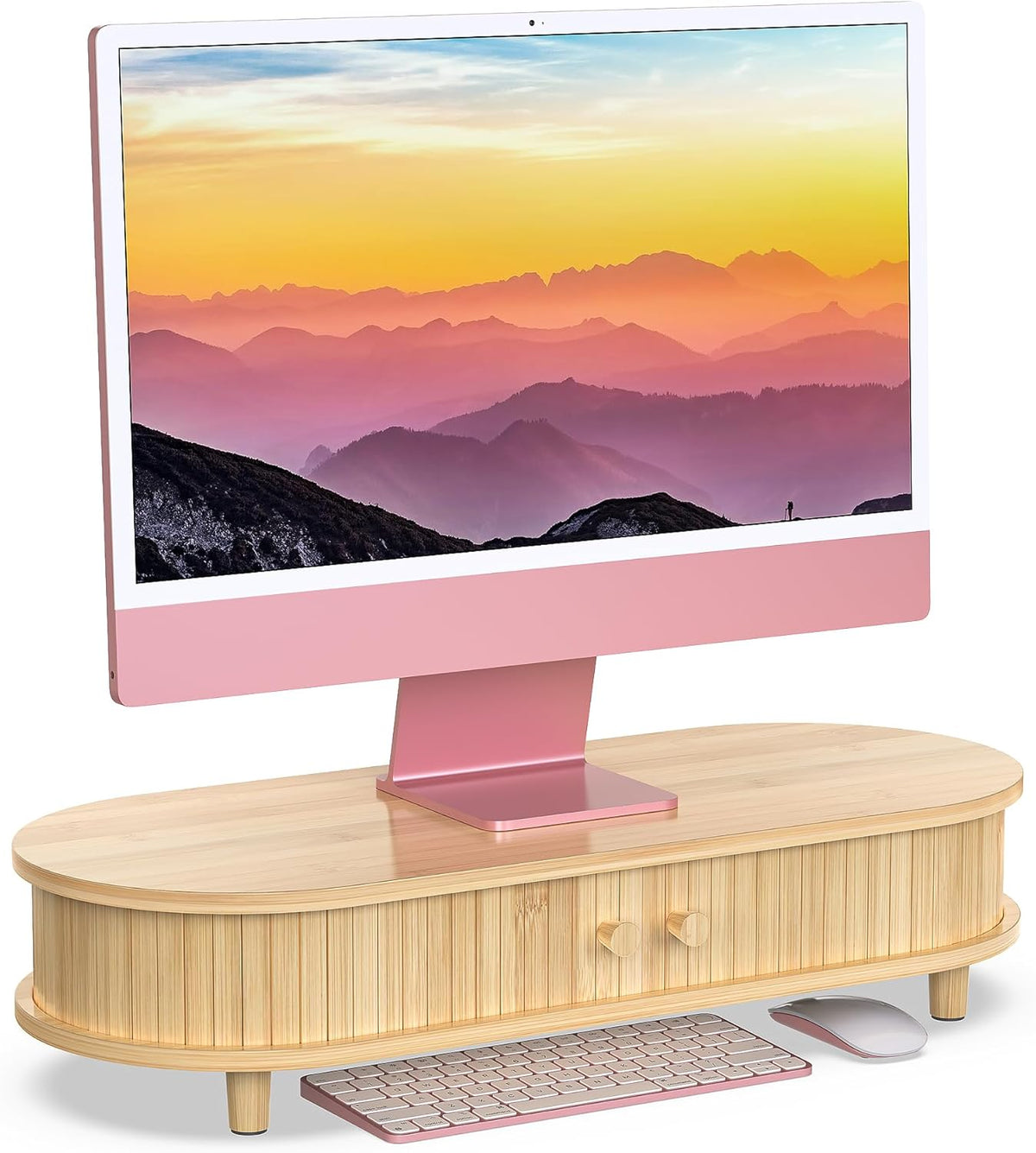 Bamboo Dual Monitor Stand with Storage, 42 Inch Desk Shelf Riser