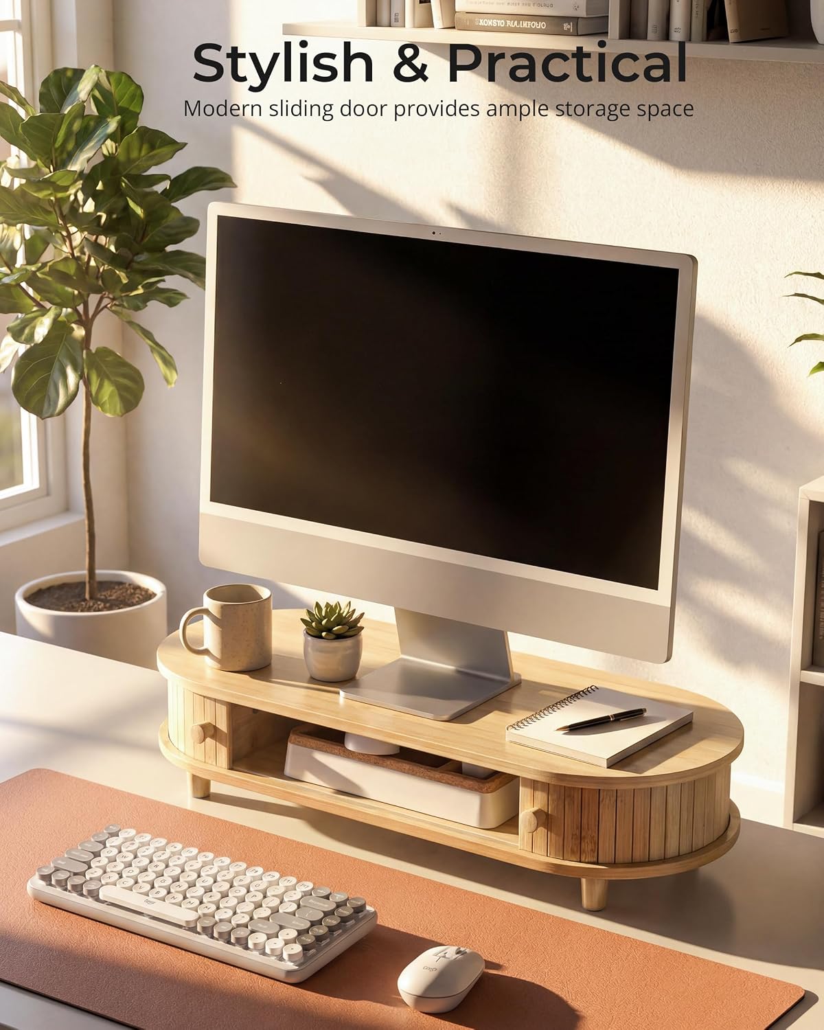 Bamboo Dual Monitor Stand with Storage, 42 Inch Desk Shelf Riser