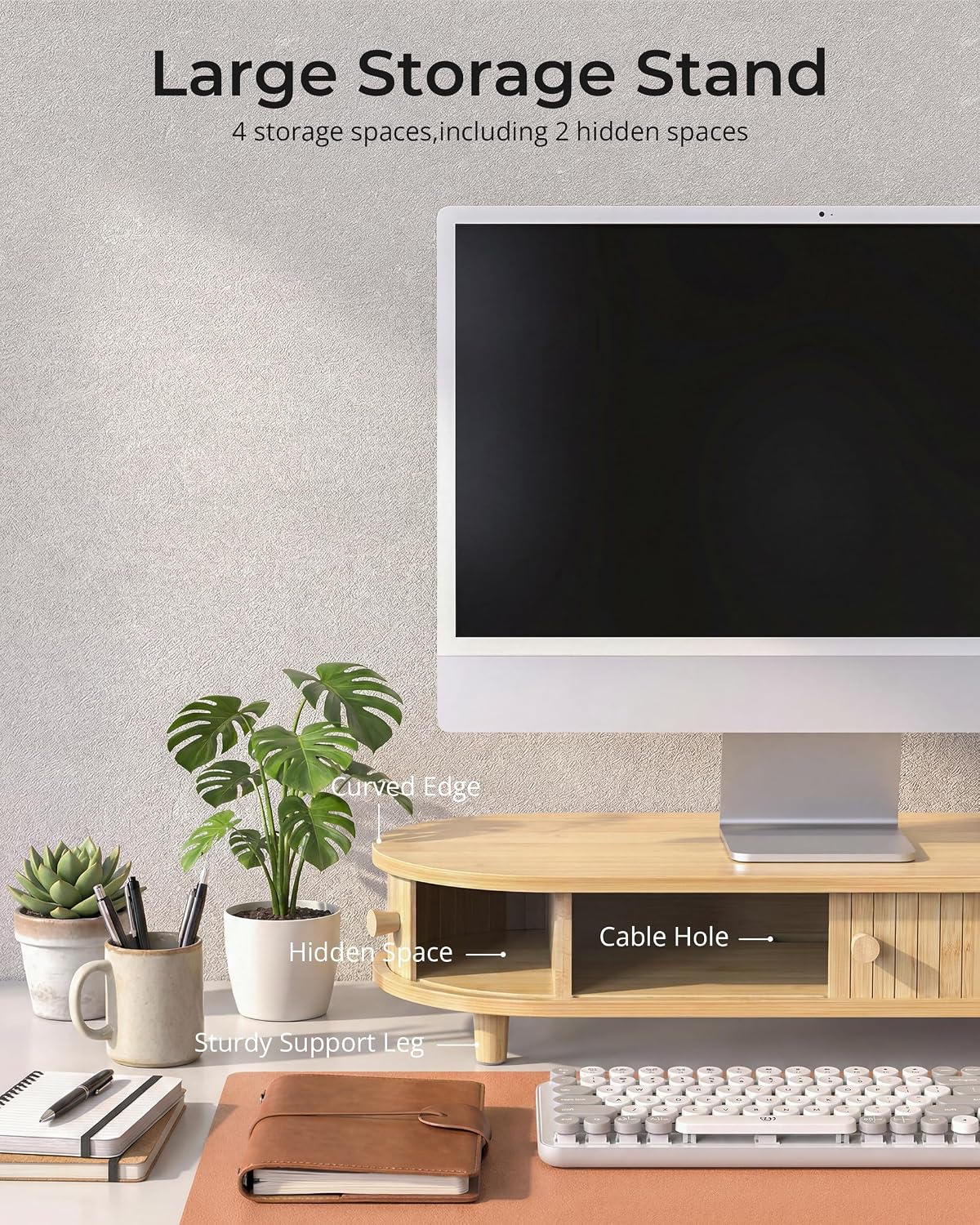 Bamboo Dual Monitor Stand with Storage, 42 Inch Desk Shelf Riser