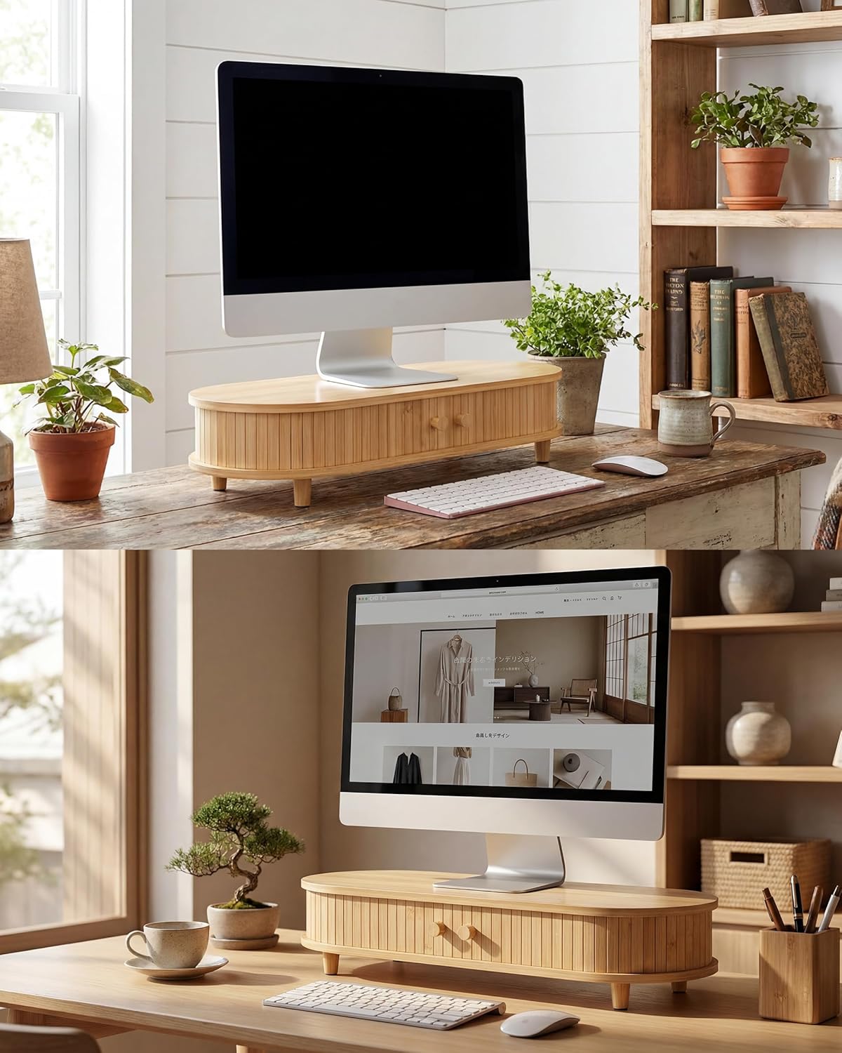 Bamboo Dual Monitor Stand with Storage, 42 Inch Desk Shelf Riser