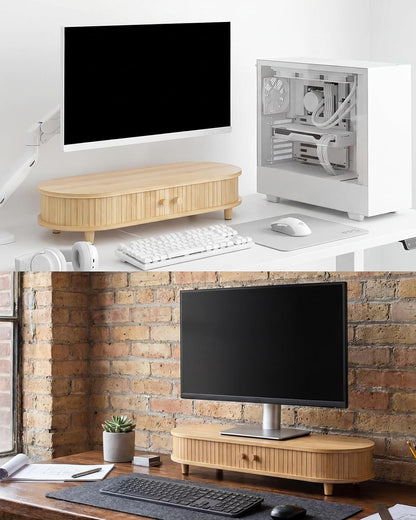 Bamboo Dual Monitor Stand with Storage, 42 Inch Desk Shelf Riser