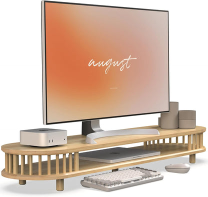Bamboo Dual Monitor Stand with Storage, 42 Inch Desk Shelf Riser