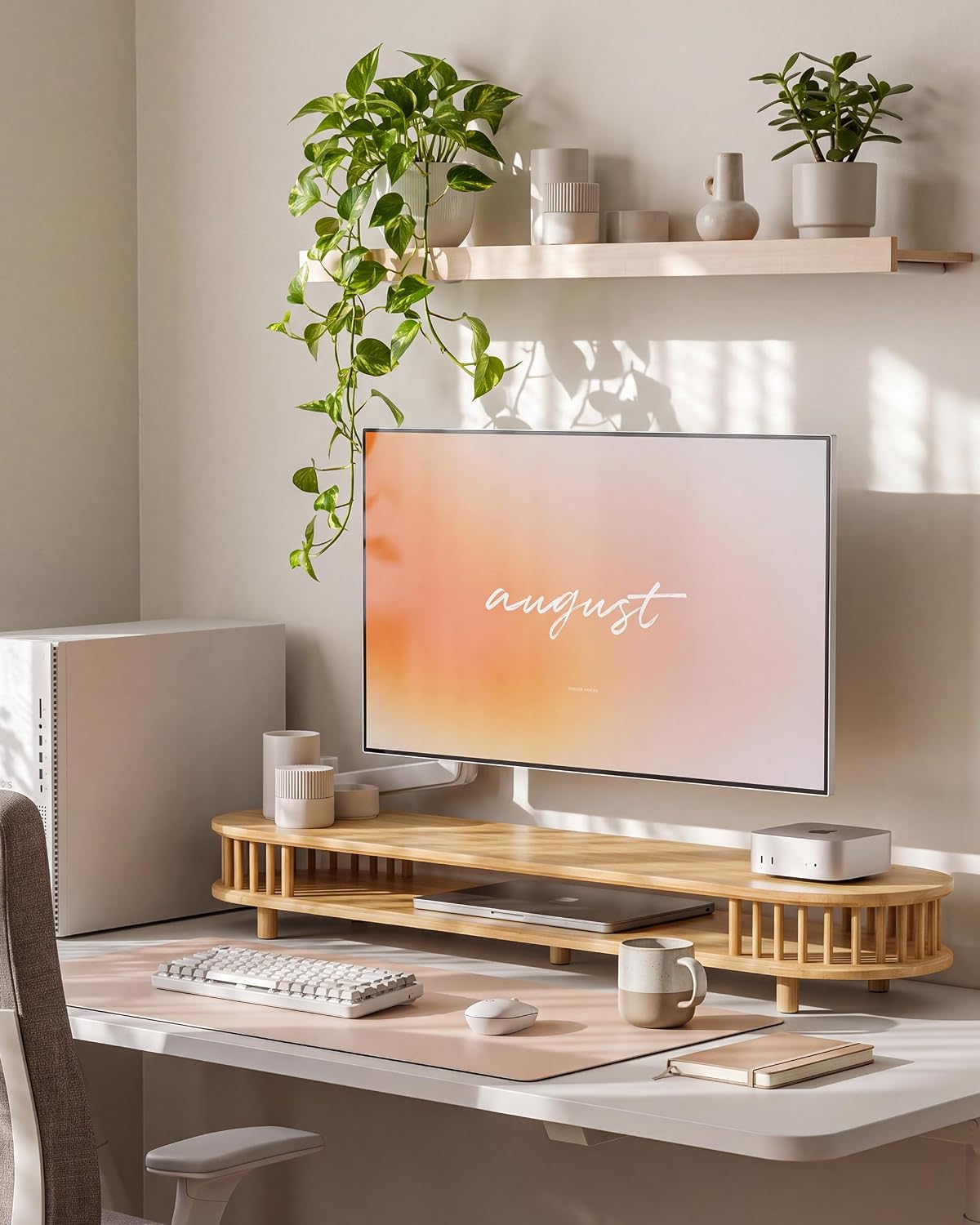 Bamboo Dual Monitor Stand with Storage, 42 Inch Desk Shelf Riser