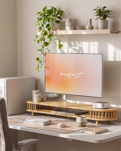 Bamboo Dual Monitor Stand with Storage, 42 Inch Desk Shelf Riser