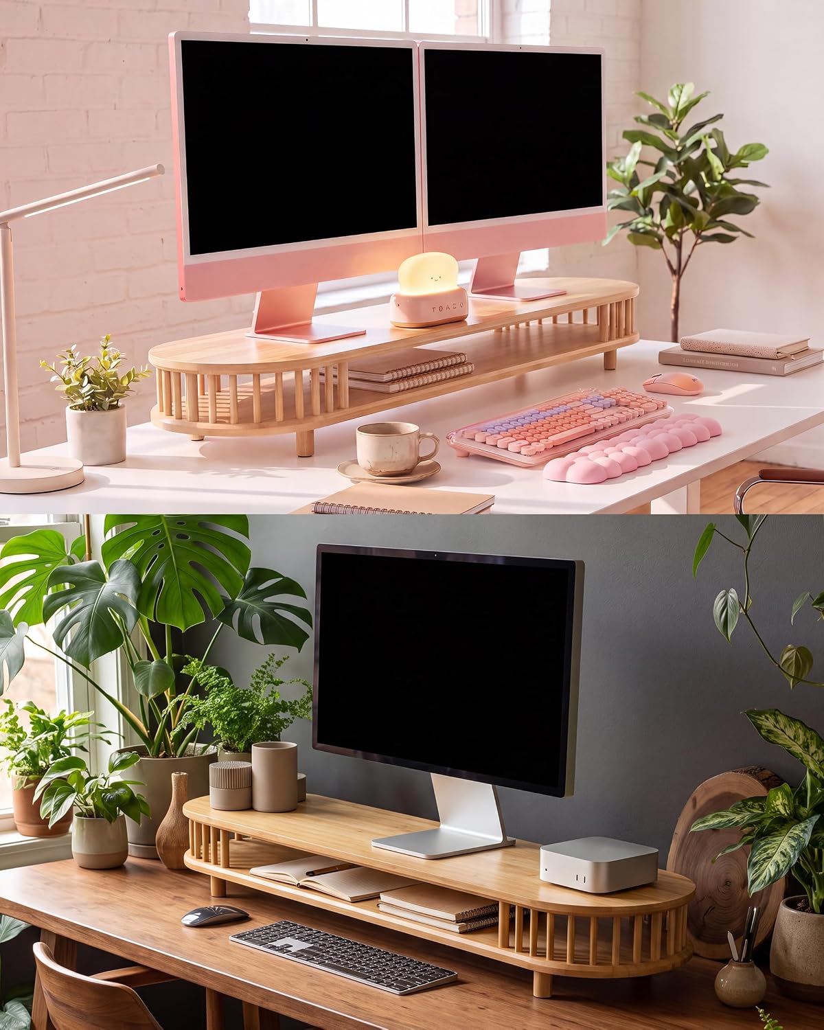Bamboo Dual Monitor Stand with Storage, 42 Inch Desk Shelf Riser