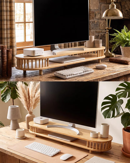 Bamboo Dual Monitor Stand with Storage, 42 Inch Desk Shelf Riser