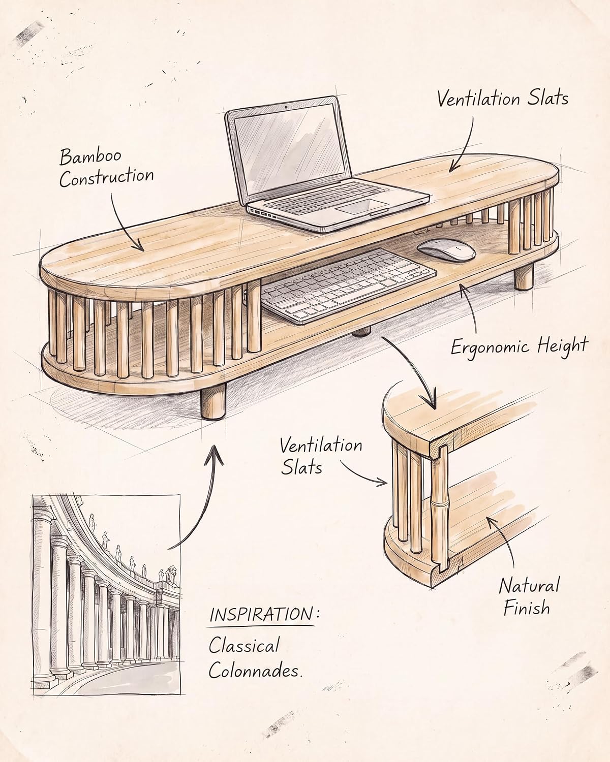 Bamboo Dual Monitor Stand with Storage, 42 Inch Desk Shelf Riser