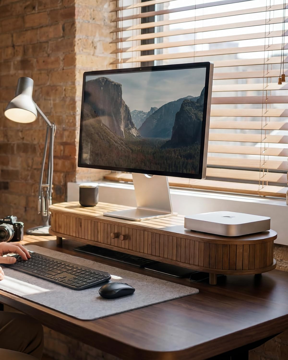 Bamboo Dual Monitor Stand with Storage, 42 Inch Desk Shelf Riser