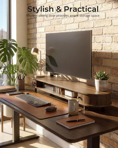 Bamboo Dual Monitor Stand with Storage, 42 Inch Desk Shelf Riser