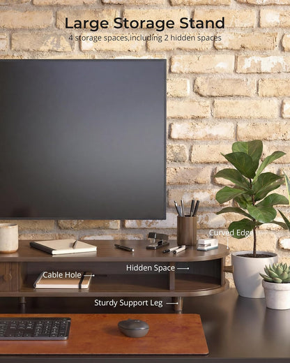 Bamboo Dual Monitor Stand with Storage, 42 Inch Desk Shelf Riser