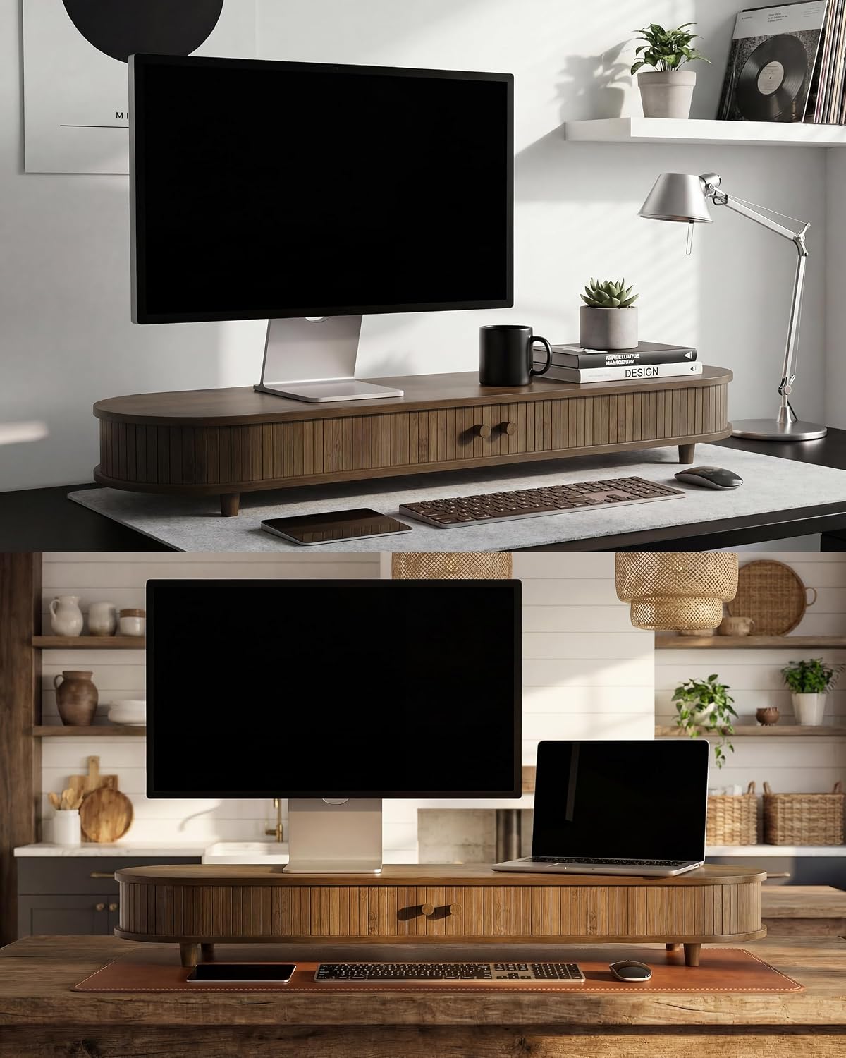 Bamboo Dual Monitor Stand with Storage, 42 Inch Desk Shelf Riser