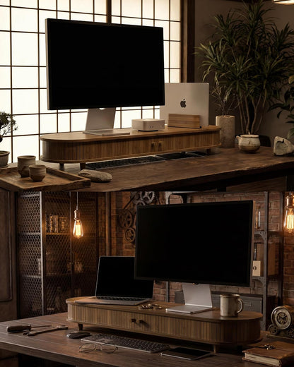 Bamboo Dual Monitor Stand with Storage, 42 Inch Desk Shelf Riser