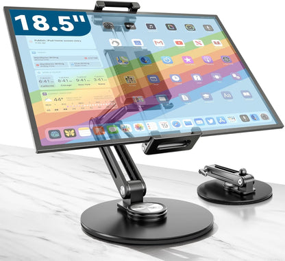 Portable Monitor Stand Large Clamp - Heavy Duty Aluminum Body Support up to 4.4LBS 16" 17.3" 18.5 inch 360° Rotating Base Swivel Foldable Desk Stand for iPad Holder Tablet Mount for Kitchen/Travel