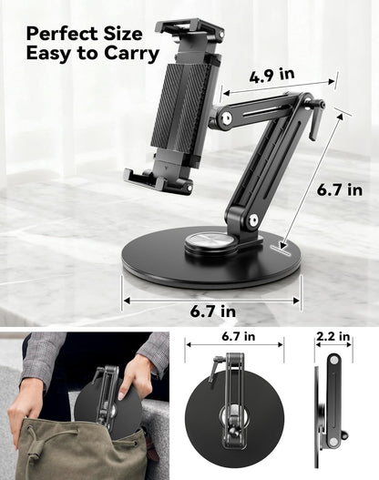 Portable Monitor Stand Large Clamp - Heavy Duty Aluminum Body Support up to 4.4LBS 16" 17.3" 18.5 inch 360° Rotating Base Swivel Foldable Desk Stand for iPad Holder Tablet Mount for Kitchen/Travel