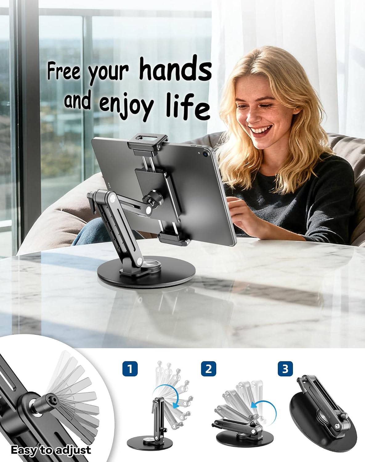 Portable Monitor Stand Large Clamp - Heavy Duty Aluminum Body Support up to 4.4LBS 16" 17.3" 18.5 inch 360° Rotating Base Swivel Foldable Desk Stand for iPad Holder Tablet Mount for Kitchen/Travel