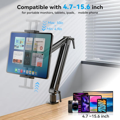 Portable Monitor Stand Large Clamp - Heavy Duty Aluminum Body Support up to 4.4LBS 16" 17.3" 18.5 inch 360° Rotating Base Swivel Foldable Desk Stand for iPad Holder Tablet Mount for Kitchen/Travel