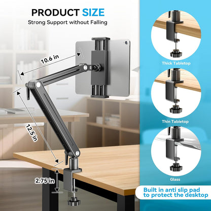 Portable Monitor Stand Large Clamp - Heavy Duty Aluminum Body Support up to 4.4LBS 16" 17.3" 18.5 inch 360° Rotating Base Swivel Foldable Desk Stand for iPad Holder Tablet Mount for Kitchen/Travel