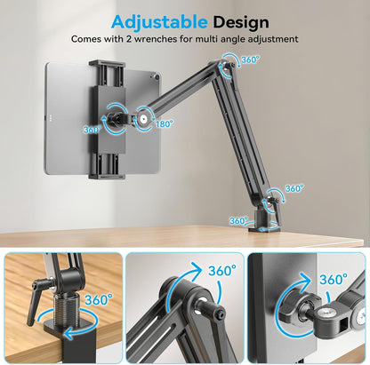 Portable Monitor Stand Large Clamp - Heavy Duty Aluminum Body Support up to 4.4LBS 16" 17.3" 18.5 inch 360° Rotating Base Swivel Foldable Desk Stand for iPad Holder Tablet Mount for Kitchen/Travel