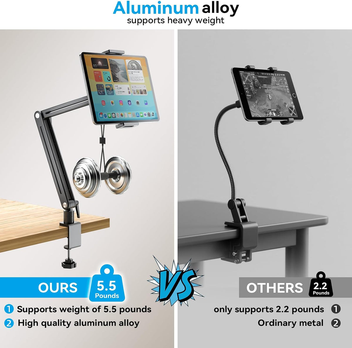 Portable Monitor Stand Large Clamp - Heavy Duty Aluminum Body Support up to 4.4LBS 16" 17.3" 18.5 inch 360° Rotating Base Swivel Foldable Desk Stand for iPad Holder Tablet Mount for Kitchen/Travel