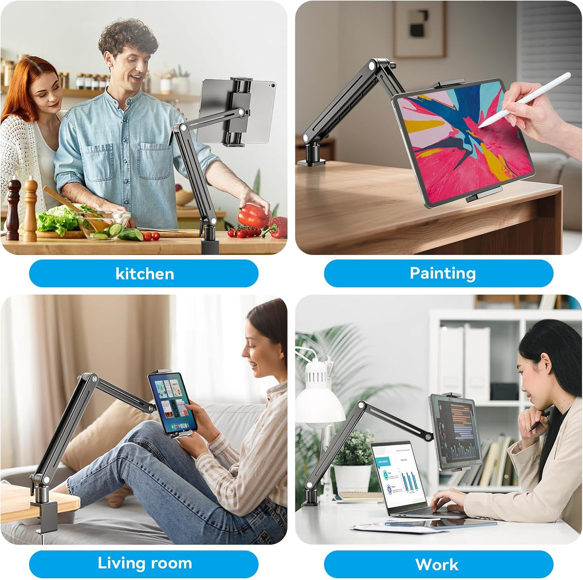 Portable Monitor Stand Large Clamp - Heavy Duty Aluminum Body Support up to 4.4LBS 16" 17.3" 18.5 inch 360° Rotating Base Swivel Foldable Desk Stand for iPad Holder Tablet Mount for Kitchen/Travel