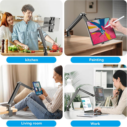Portable Monitor Stand Large Clamp - Heavy Duty Aluminum Body Support up to 4.4LBS 16" 17.3" 18.5 inch 360° Rotating Base Swivel Foldable Desk Stand for iPad Holder Tablet Mount for Kitchen/Travel