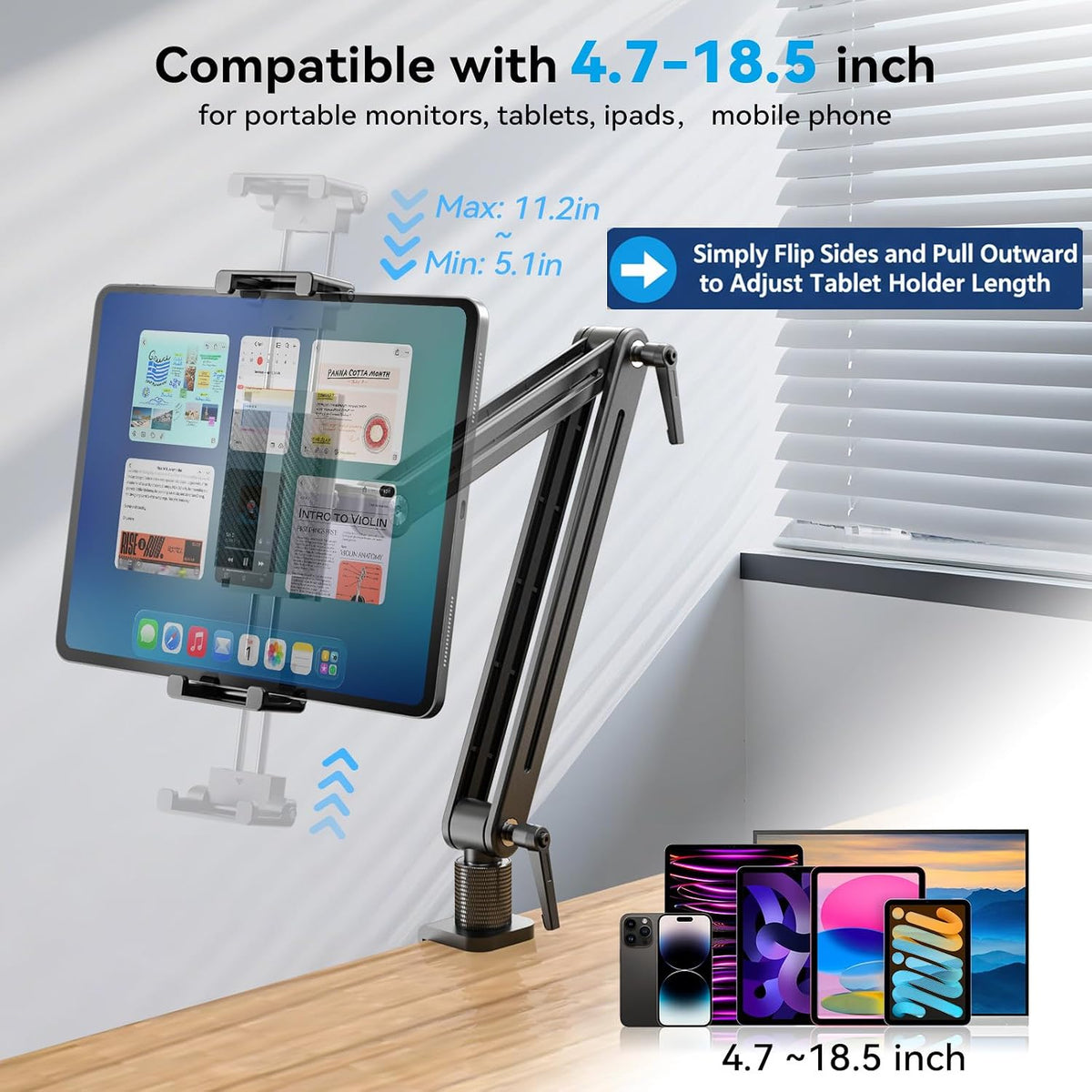 Portable Monitor Stand Large Clamp - Heavy Duty Aluminum Body Support up to 4.4LBS 16" 17.3" 18.5 inch 360° Rotating Base Swivel Foldable Desk Stand for iPad Holder Tablet Mount for Kitchen/Travel