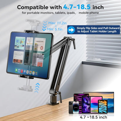 Portable Monitor Stand Large Clamp - Heavy Duty Aluminum Body Support up to 4.4LBS 16" 17.3" 18.5 inch 360° Rotating Base Swivel Foldable Desk Stand for iPad Holder Tablet Mount for Kitchen/Travel