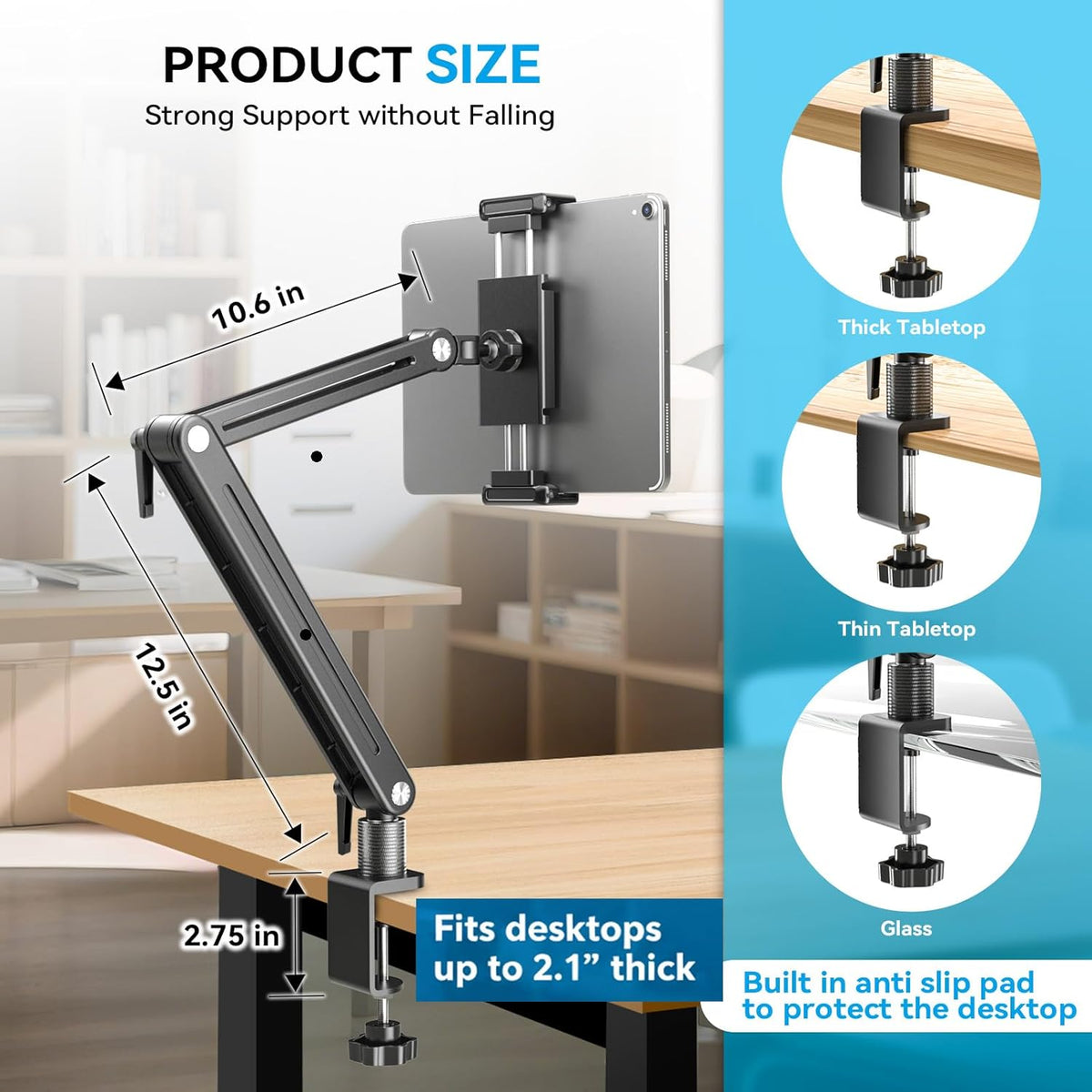 Portable Monitor Stand Large Clamp - Heavy Duty Aluminum Body Support up to 4.4LBS 16" 17.3" 18.5 inch 360° Rotating Base Swivel Foldable Desk Stand for iPad Holder Tablet Mount for Kitchen/Travel