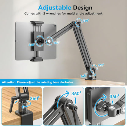 Portable Monitor Stand Large Clamp - Heavy Duty Aluminum Body Support up to 4.4LBS 16" 17.3" 18.5 inch 360° Rotating Base Swivel Foldable Desk Stand for iPad Holder Tablet Mount for Kitchen/Travel