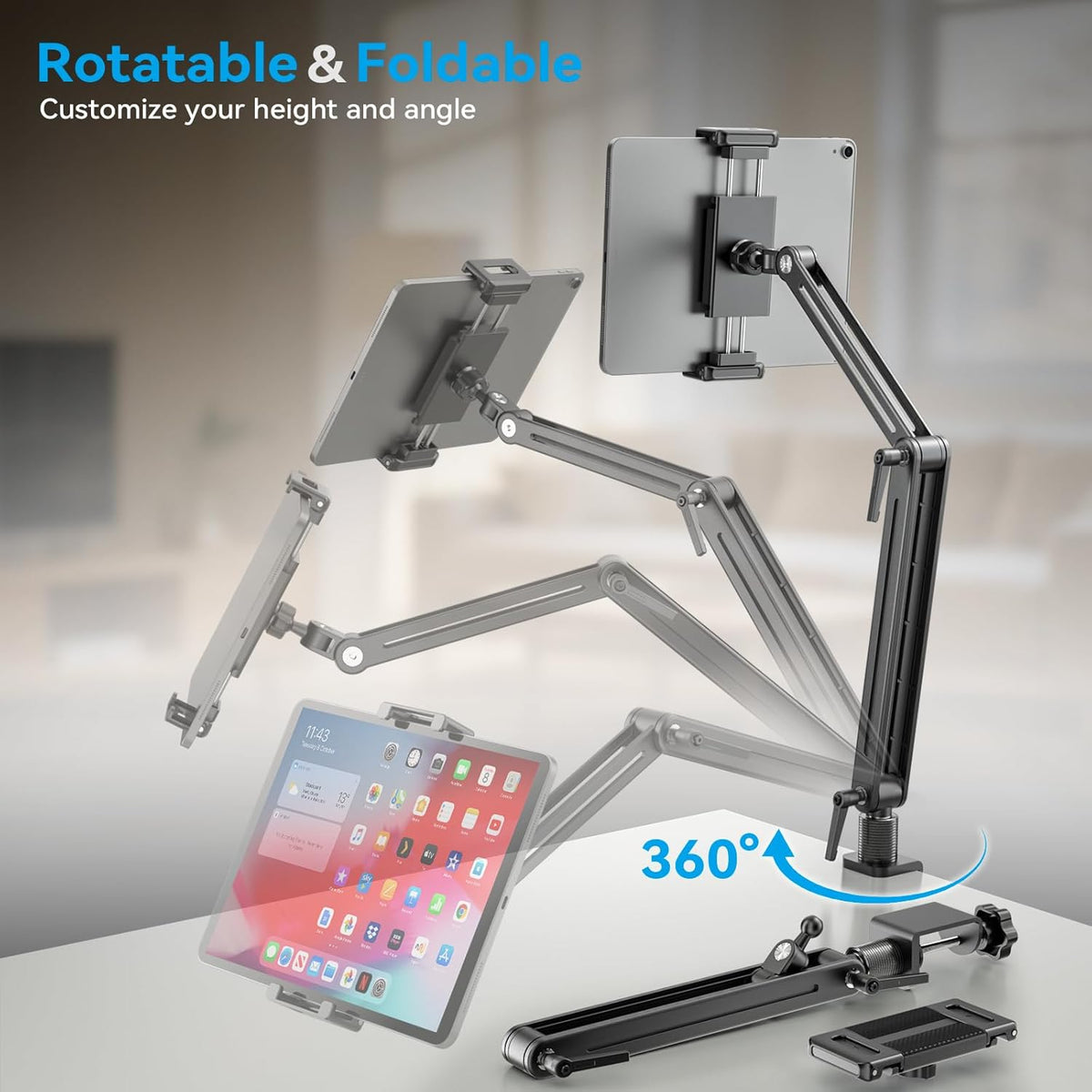 Portable Monitor Stand Large Clamp - Heavy Duty Aluminum Body Support up to 4.4LBS 16" 17.3" 18.5 inch 360° Rotating Base Swivel Foldable Desk Stand for iPad Holder Tablet Mount for Kitchen/Travel