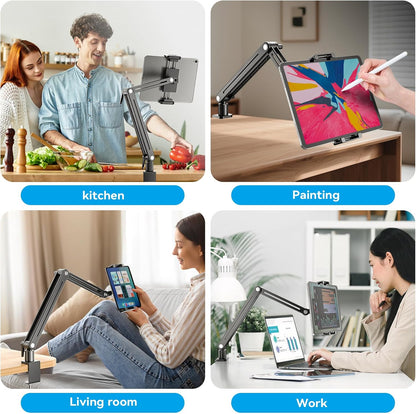 Portable Monitor Stand Large Clamp - Heavy Duty Aluminum Body Support up to 4.4LBS 16" 17.3" 18.5 inch 360° Rotating Base Swivel Foldable Desk Stand for iPad Holder Tablet Mount for Kitchen/Travel