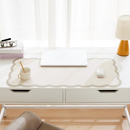Scalloped Desk Mat, 31.5" x 15.7" Large Cute Aesthetic Desk Accessories, PU Leather Computer Laptop Desk Mouse Keyboard Pad, Desk Writing Mat for Vanity/Work/Home Decor (Beige, 31.5" x 15.7")