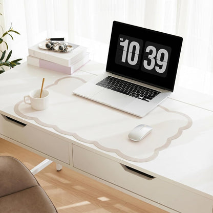 Scalloped Desk Mat, 31.5" x 15.7" Large Cute Aesthetic Desk Accessories, PU Leather Computer Laptop Desk Mouse Keyboard Pad, Desk Writing Mat for Vanity/Work/Home Decor (Beige, 31.5" x 15.7")