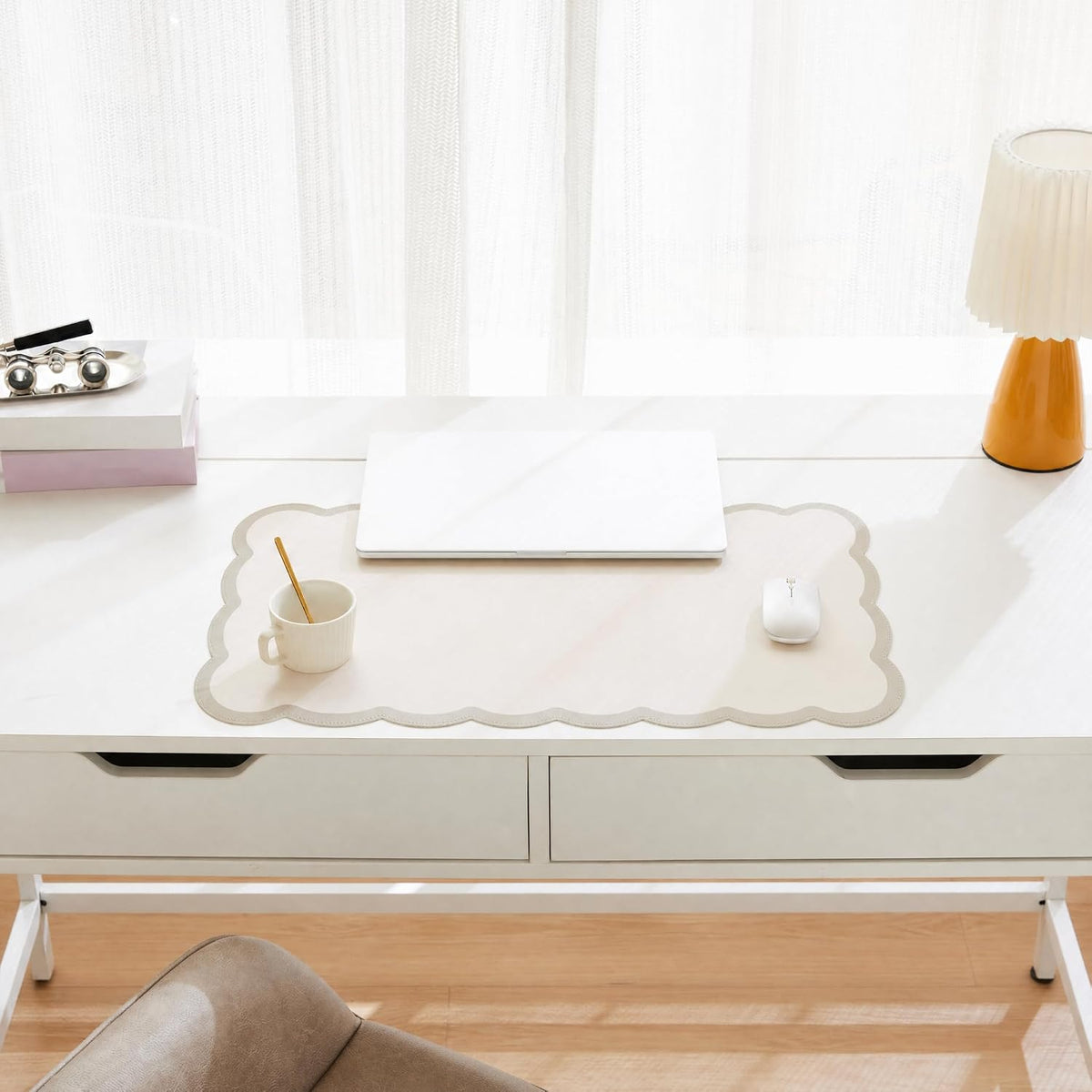 Scalloped Desk Mat, 31.5" x 15.7" Large Cute Aesthetic Desk Accessories, PU Leather Computer Laptop Desk Mouse Keyboard Pad, Desk Writing Mat for Vanity/Work/Home Decor (Beige, 31.5" x 15.7")