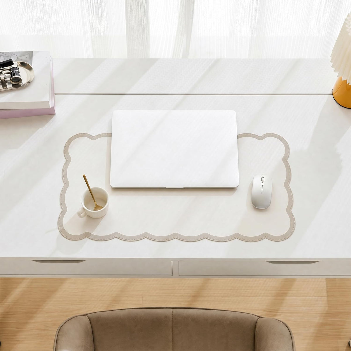 Scalloped Desk Mat, 31.5" x 15.7" Large Cute Aesthetic Desk Accessories, PU Leather Computer Laptop Desk Mouse Keyboard Pad, Desk Writing Mat for Vanity/Work/Home Decor (Beige, 31.5" x 15.7")